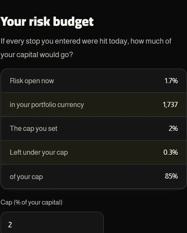 Risk budget: the open risk now, in percent and in the portfolio currency.