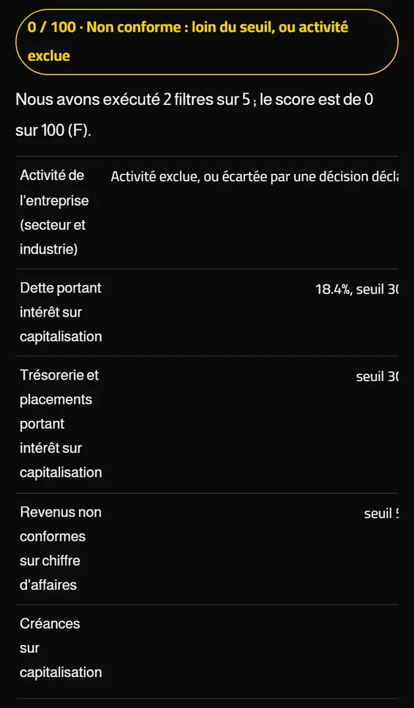 Le détail des cinq filtres charia d'une action arabe.